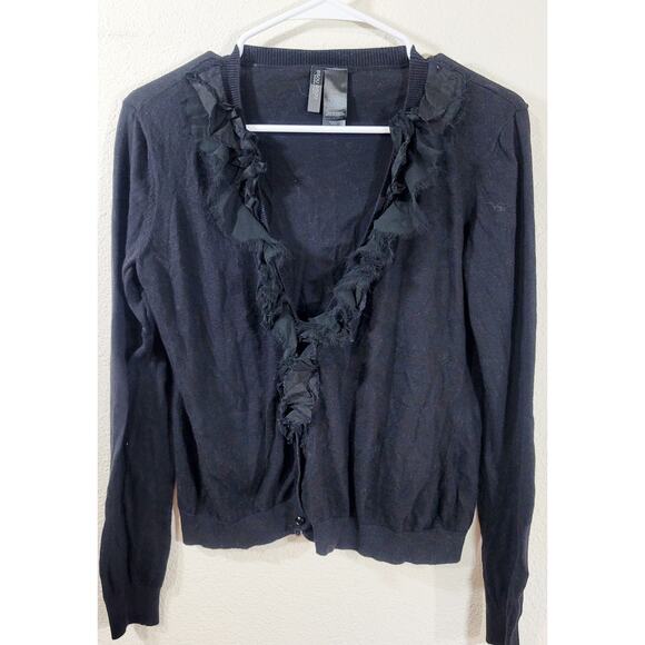Bisou Bisou Black Cut Material Ruffled Collar Button Up Cardigan Sweater XL Soft - Picture 7 of 7
